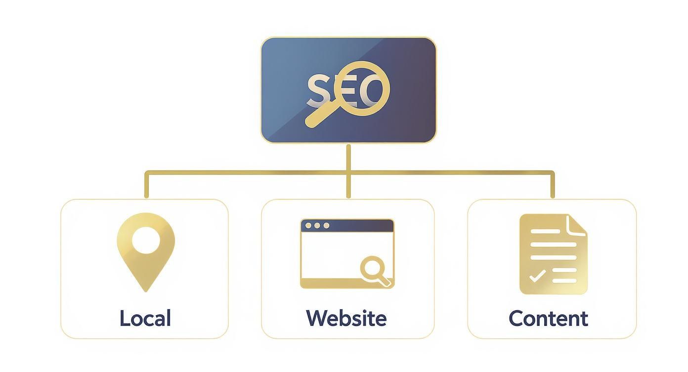 A diagram illustrating SEO strategies, showing its components: local, website, and content optimization.