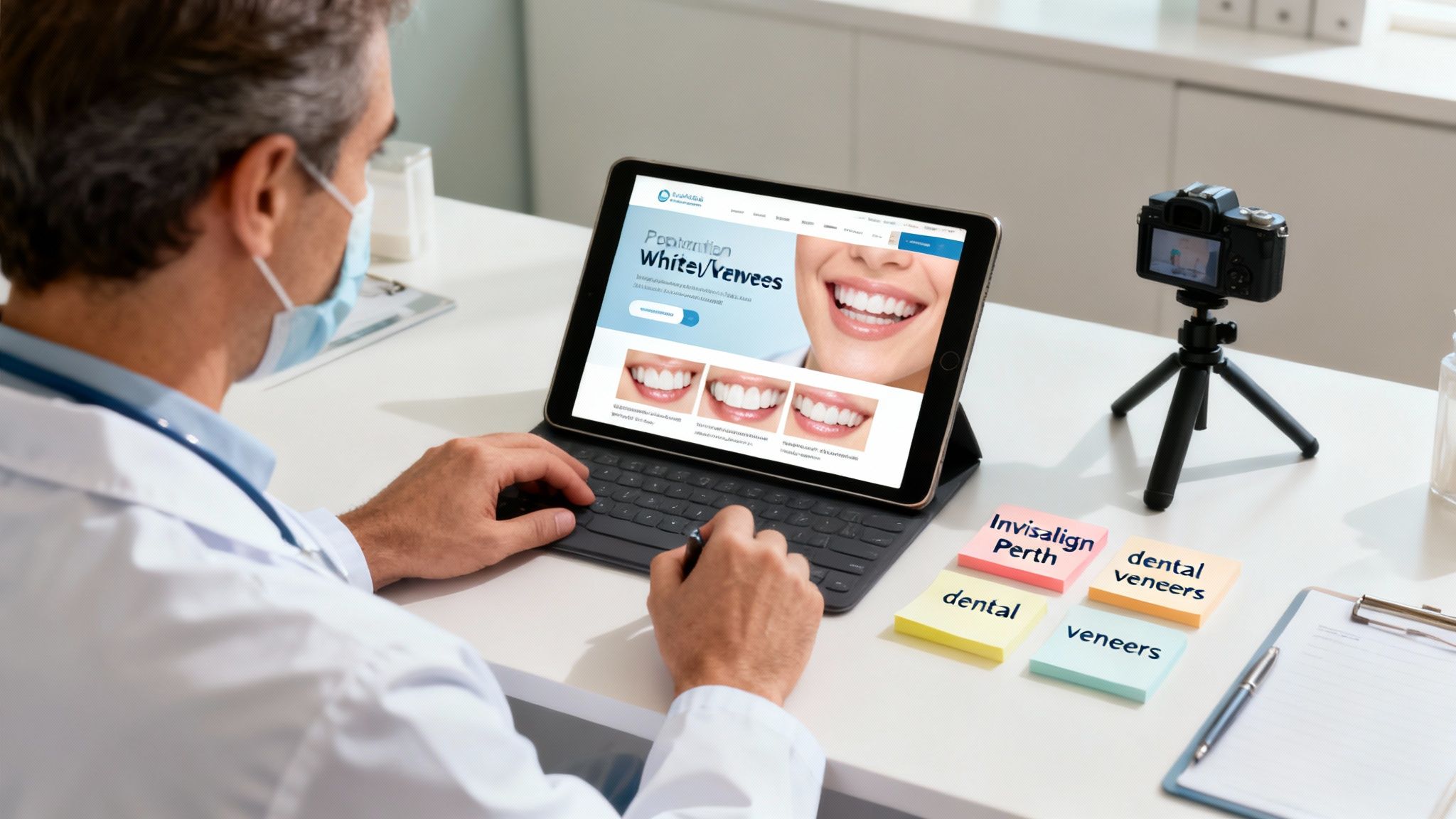 Dentist in a mask optimizing a dental website on a tablet, surrounded by SEO keywords on sticky notes.