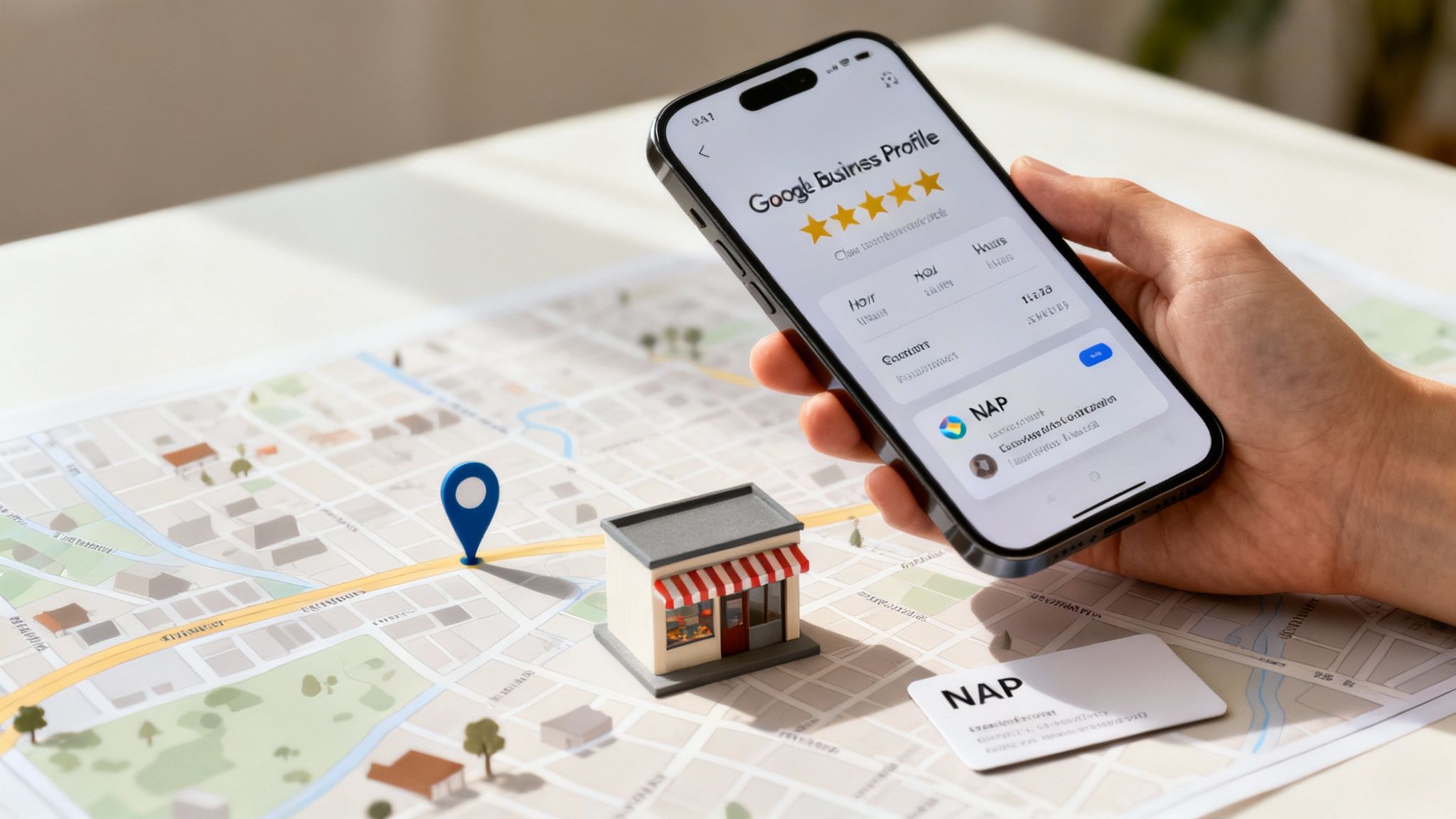 A person using a smartphone to find local businesses on a map