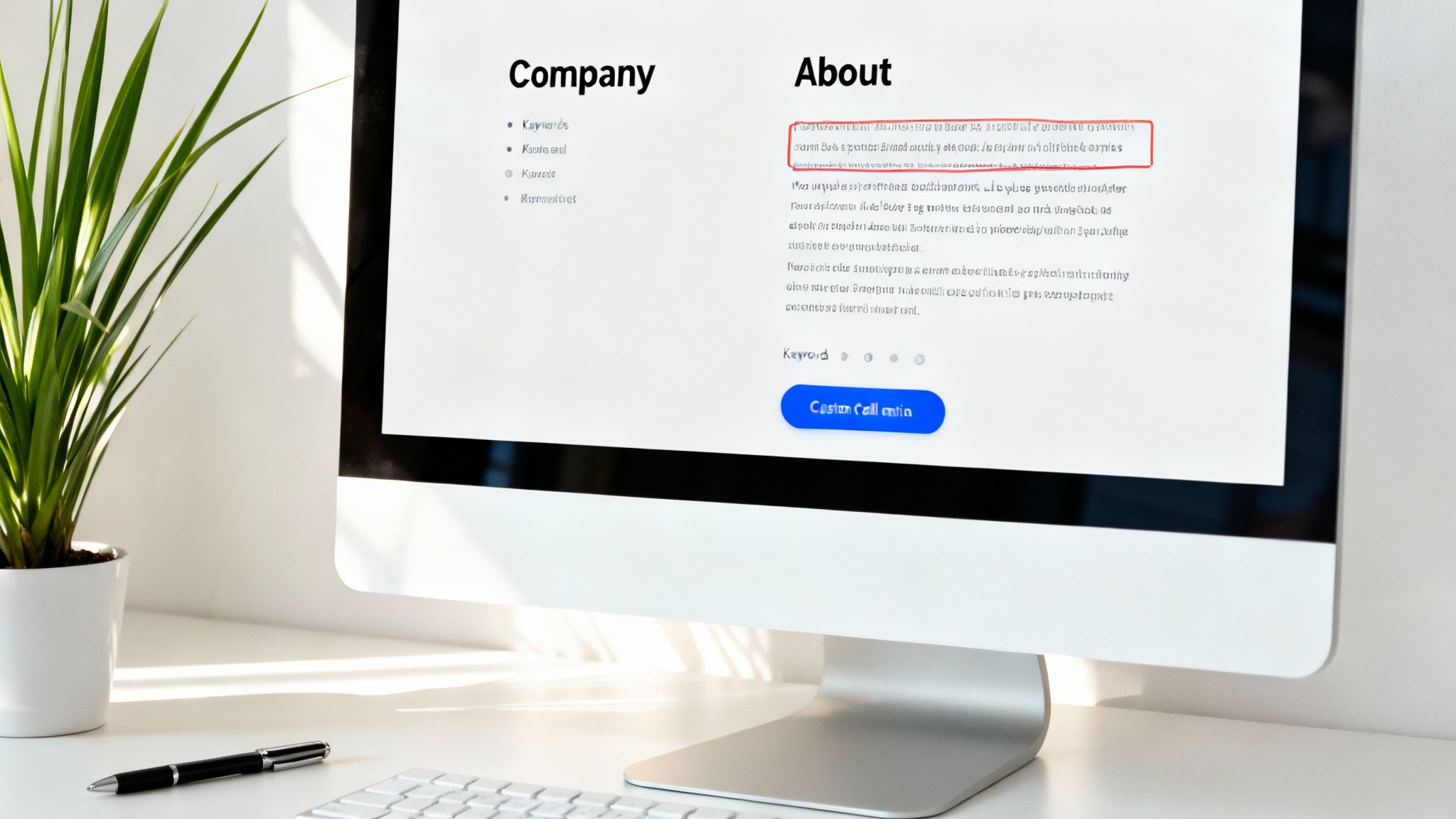 Computer screen displaying a website with 'Company' and 'About' sections, a plant, and a pen on a desk.