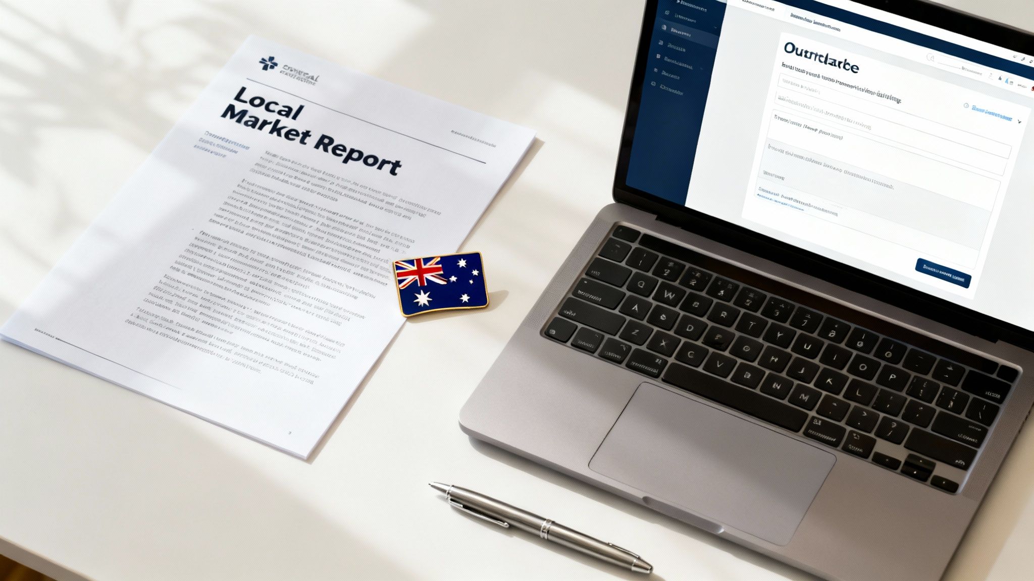 A professional workspace with a Local Market Report, an Australian flag pin, a laptop, and a pen.