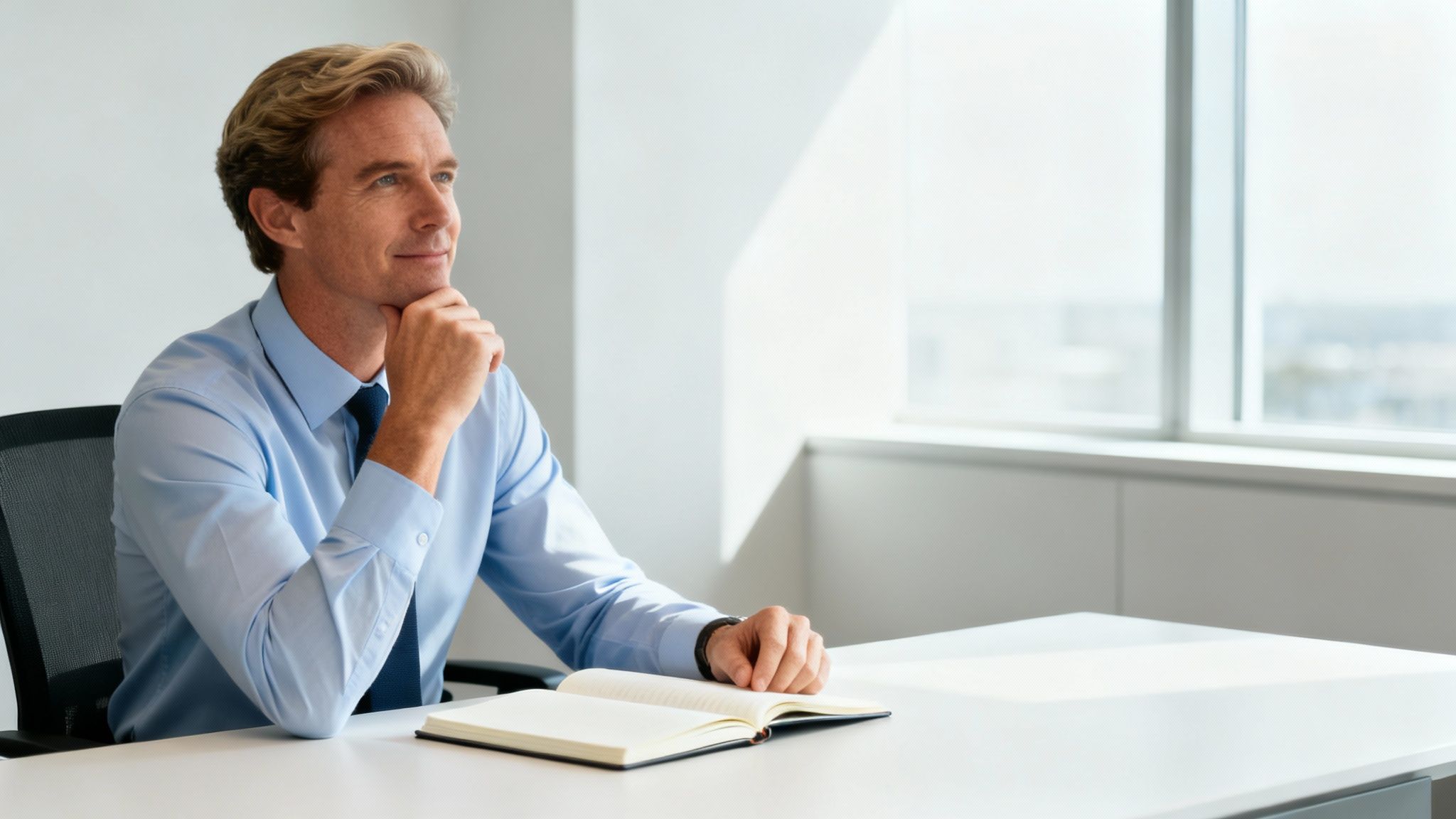 Thoughtful businessman in a blue shirt contemplating at a bright office desk with an open notebook.
