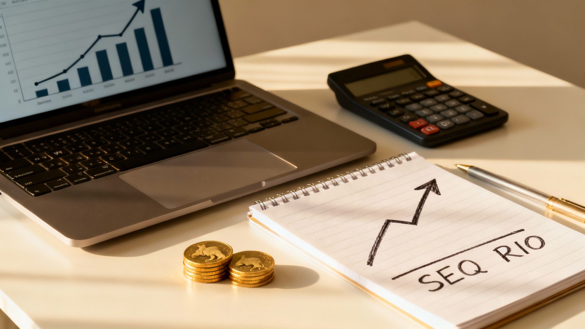 Laptop displaying financial growth chart, calculator, notebook with upward graph, and gold coins on a desk.