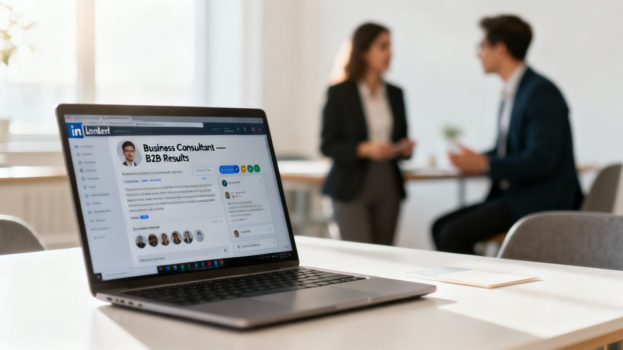 Laptop displaying a business consultant's digital profile in a bright, modern office setting with blurred colleagues.