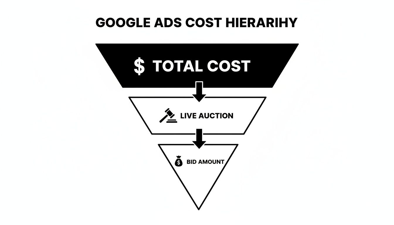 A hierarchy diagram illustrating Google Ads cost breakdown from total cost through live auction to bid amount.