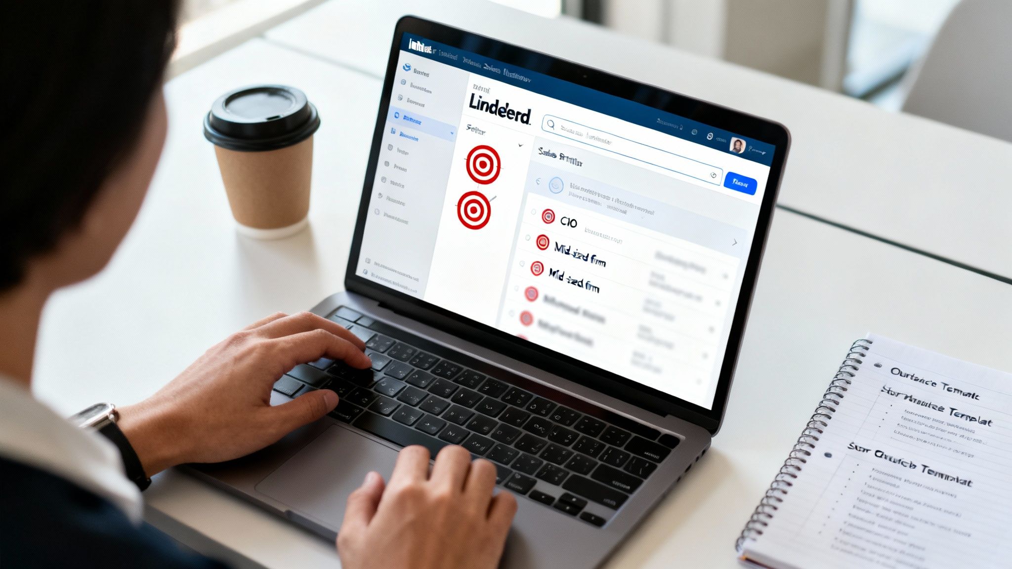 Person generating leads on a laptop using a sales tool, with a coffee and notebook nearby.