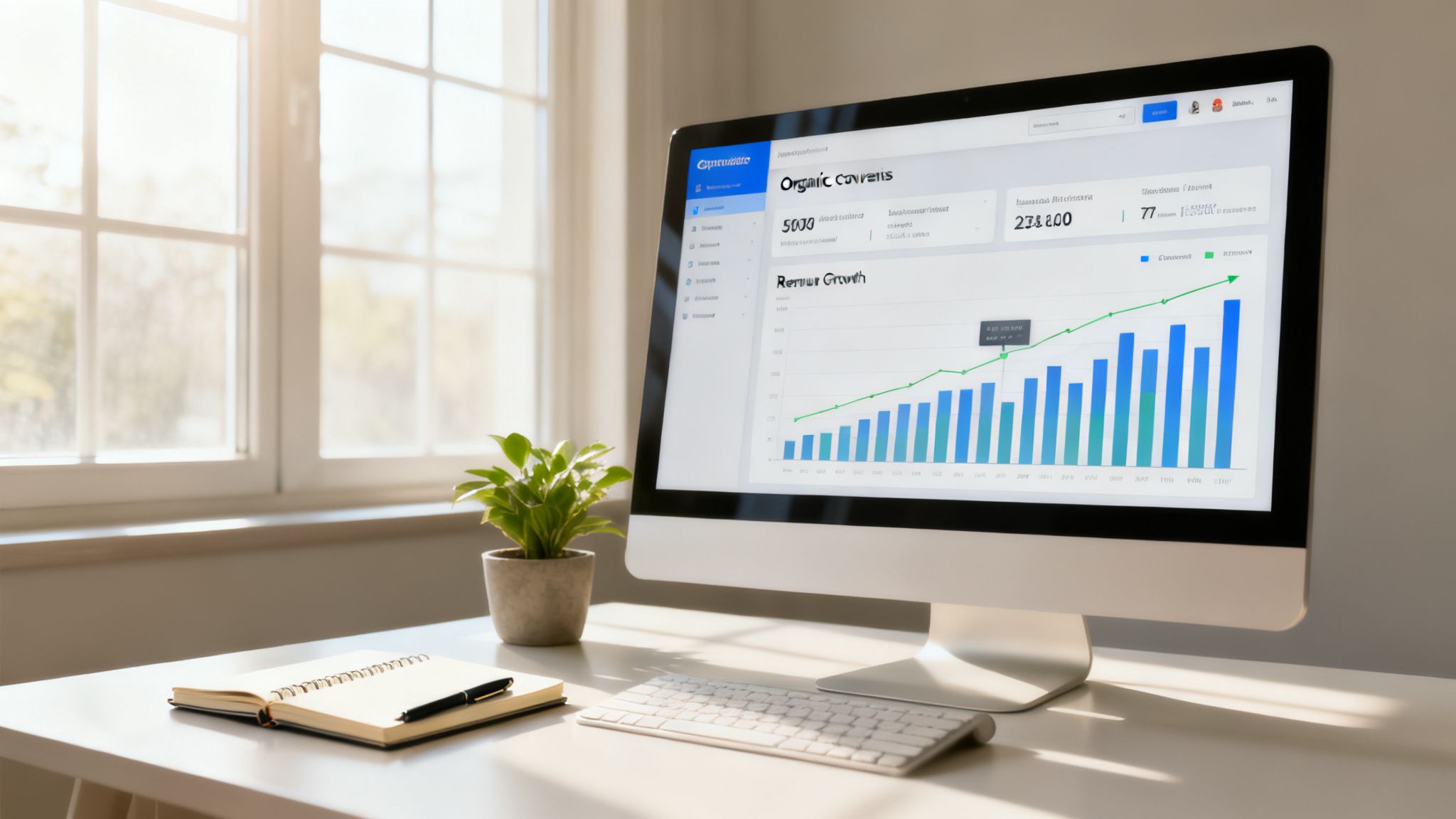 A bright workspace with a computer displaying a business analytics dashboard, a plant, and a notebook.