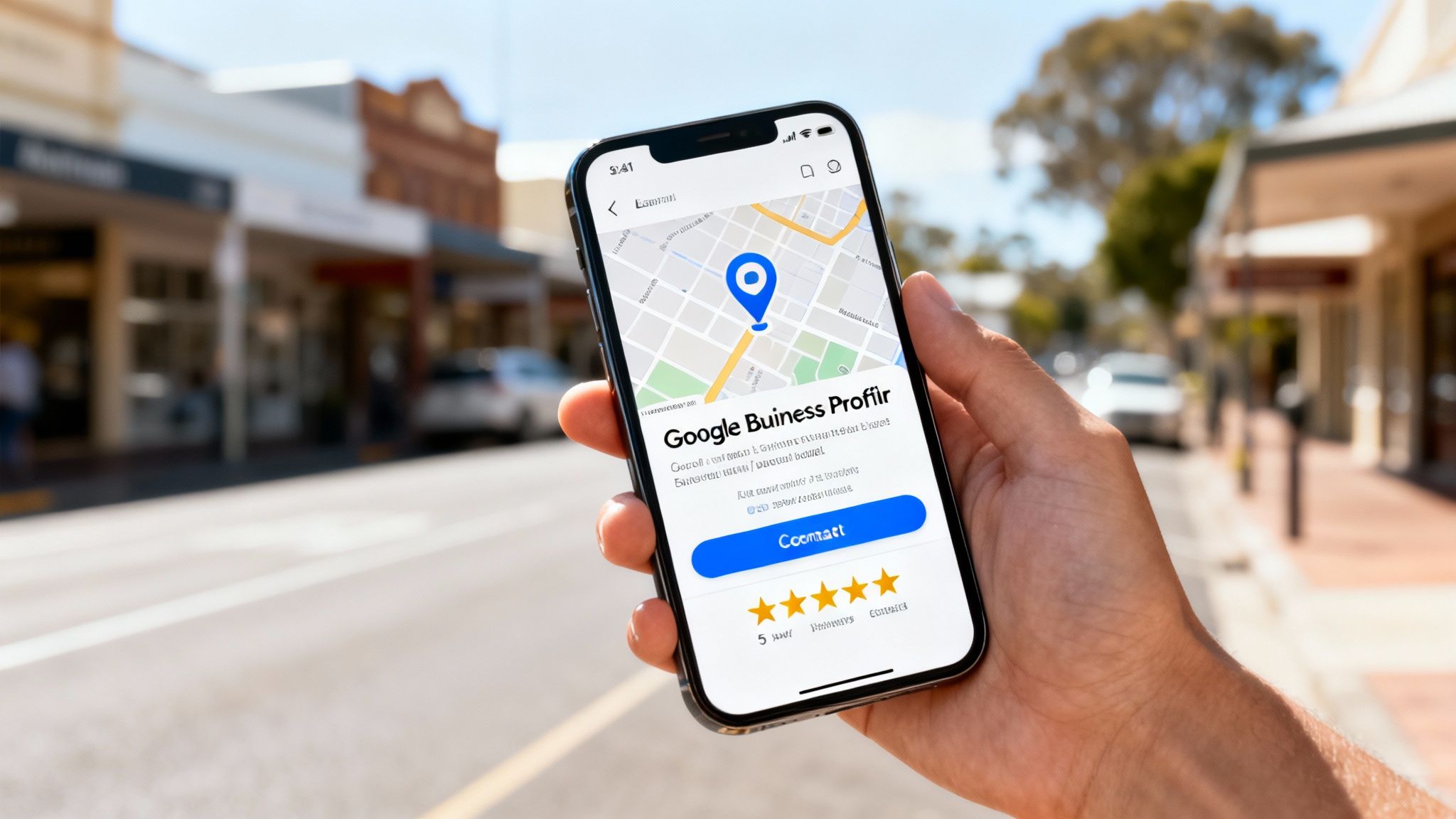 Hand holding a smartphone displaying Google Business Profile with a map, 5-star rating, and contact button on a street.