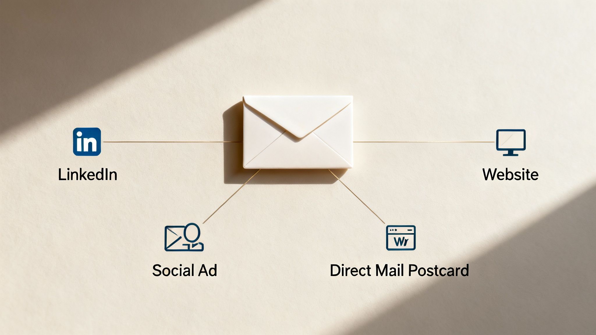 An envelope at the center connected to LinkedIn, Website, Social Ad, and Direct Mail icons, illustrating multi-channel marketing.