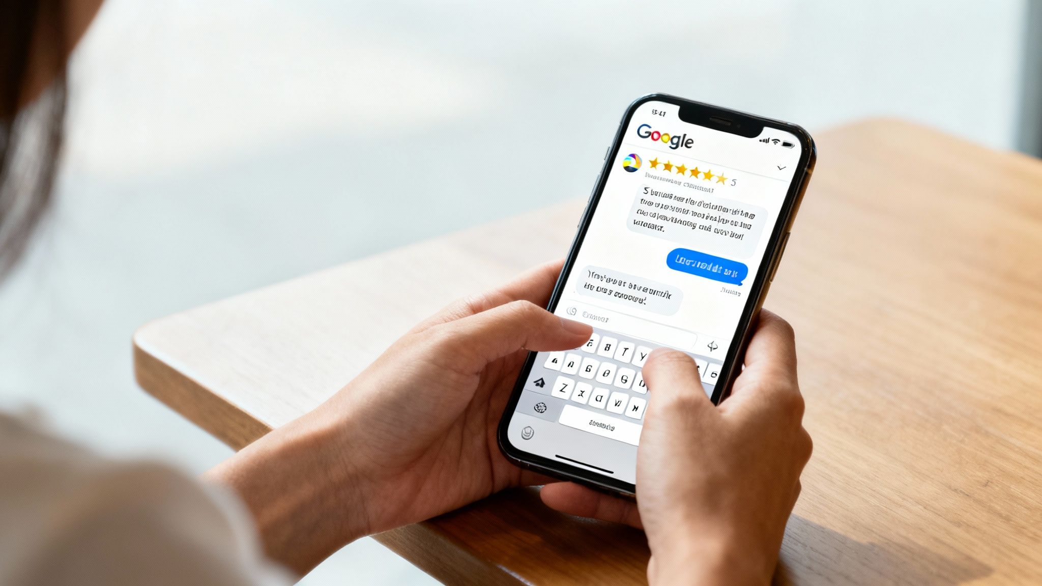Hands holding a smartphone showing a Google business profile with a 5-star rating.