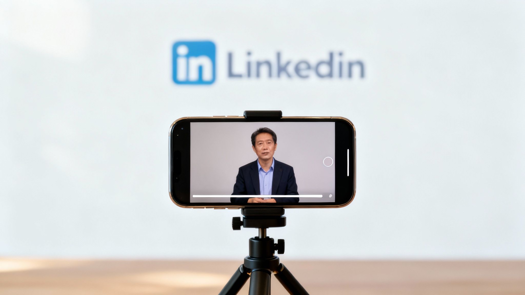 Professional Asian businessman recording LinkedIn marketing video content on smartphone mounted on tripod