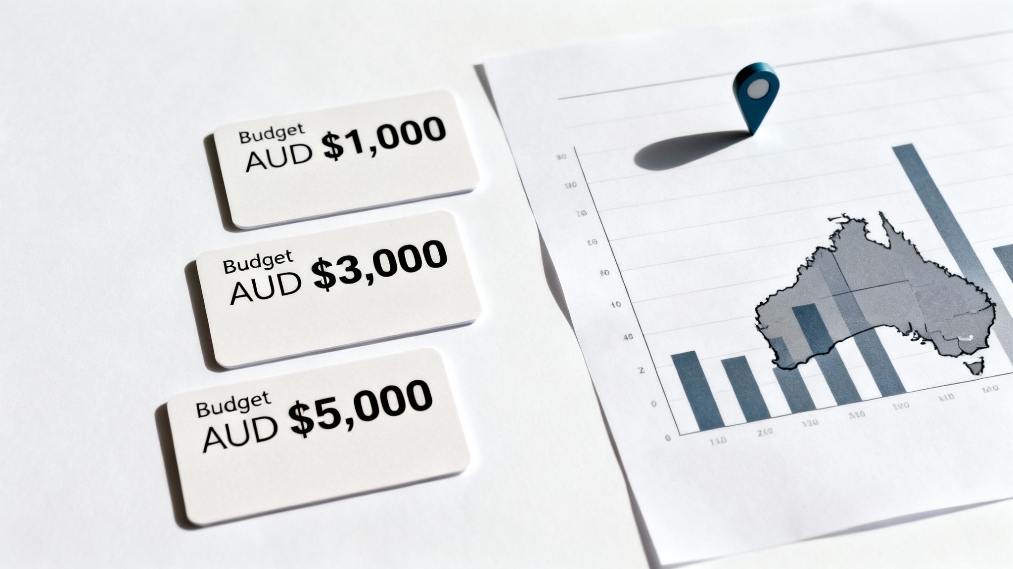 Budget amounts on cards, a map of Australia with a location pin, and a bar graph.