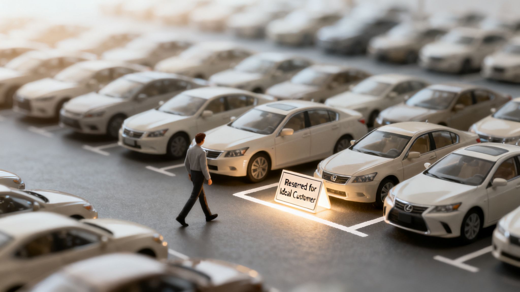 A miniature person walks towards a brightly lit 'Reserved for Ideal Customer' parking spot among many toy cars.
