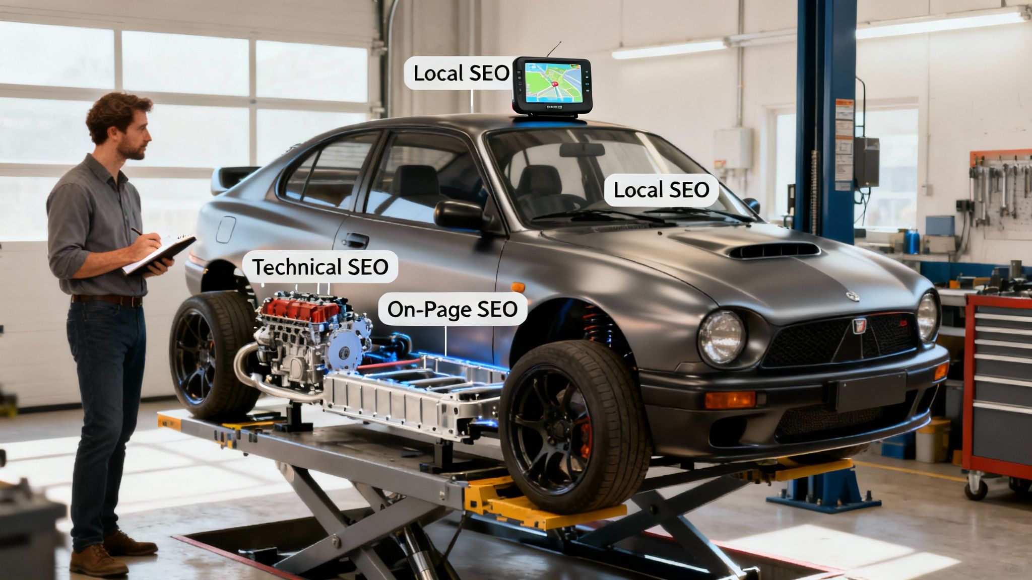 A man inspects a car on a lift, showing various SEO concepts like local, technical, and on-page.