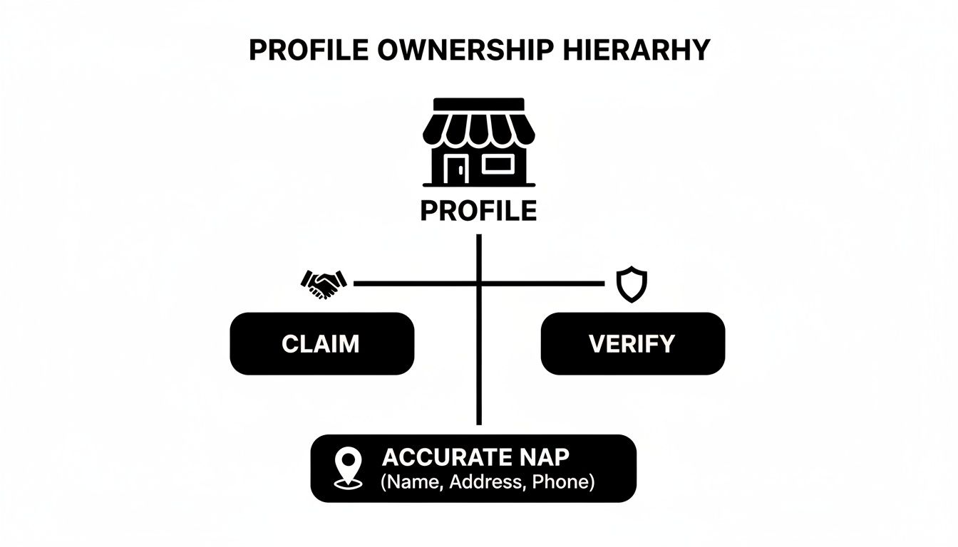 Diagram showing profile ownership hierarchy: profile, claim, verify, and accurate NAP details.