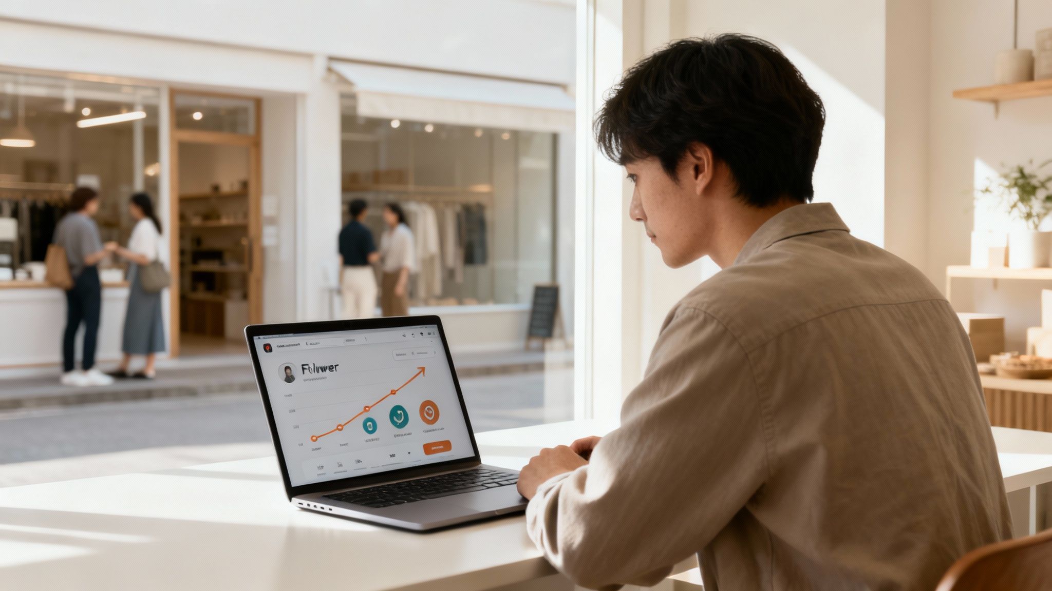 Young man focused on laptop screen displaying social media analytics, working in a bright cafe.