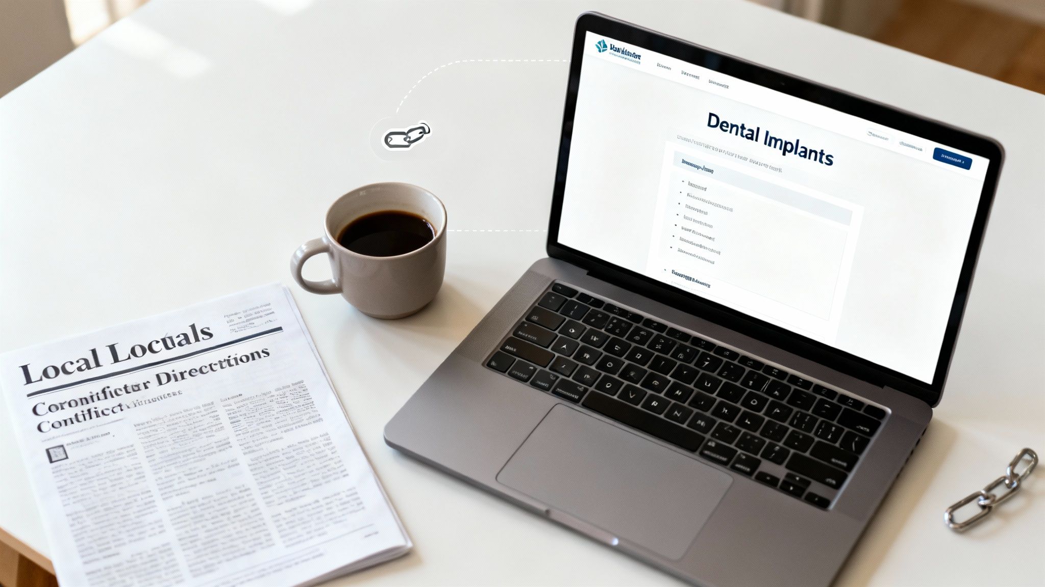 A professional workspace with a laptop displaying a 'Dental Implants' webpage, a coffee cup, and a newspaper.