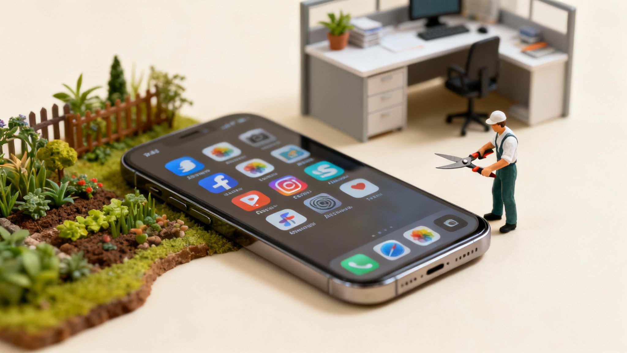 Miniature worker with pruning shears beside smartphone displaying social media apps and office desk