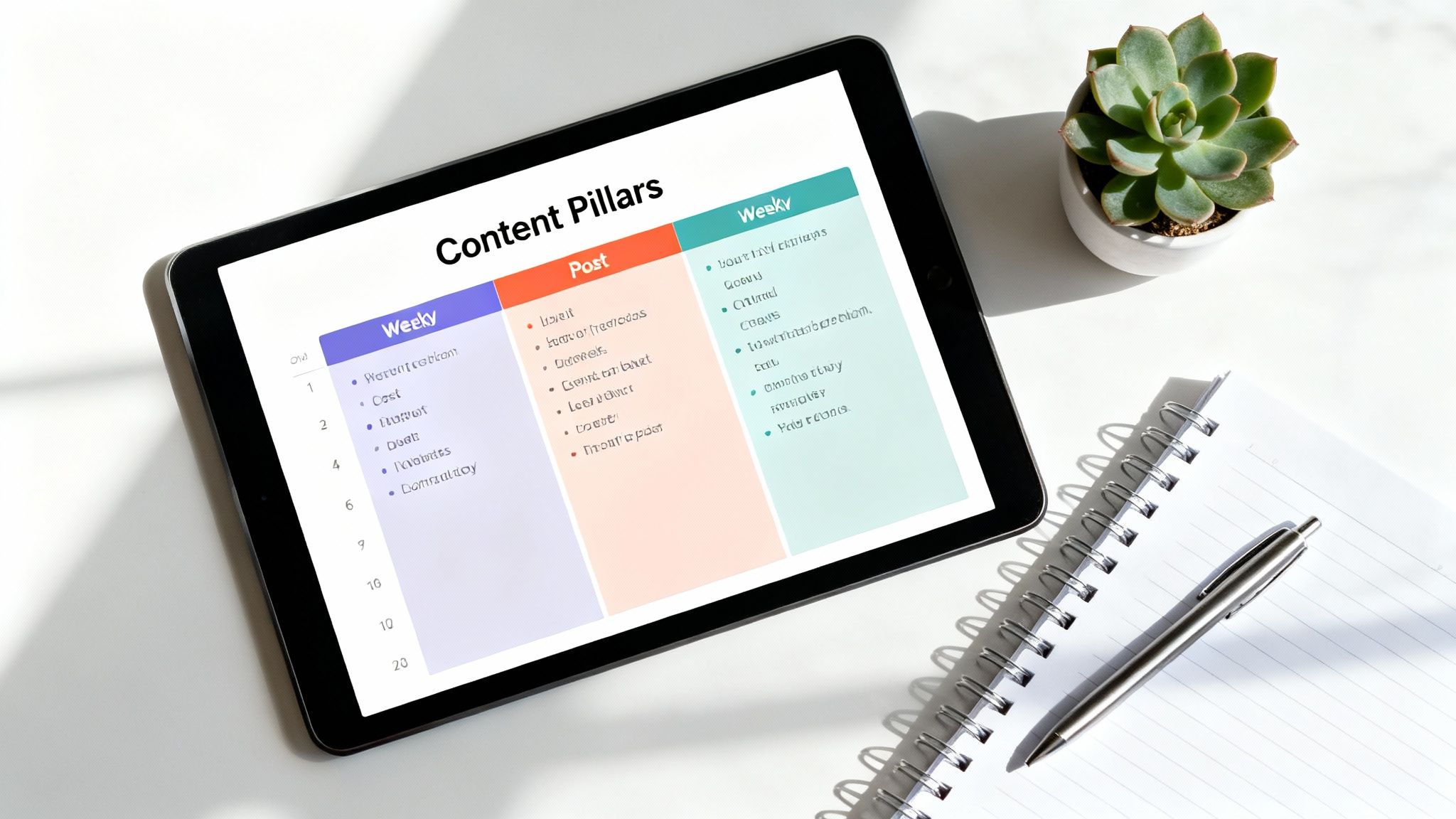 A tablet displays 'Content Pillars' content strategy, with a succulent plant, notepad, and pen on a white desk.