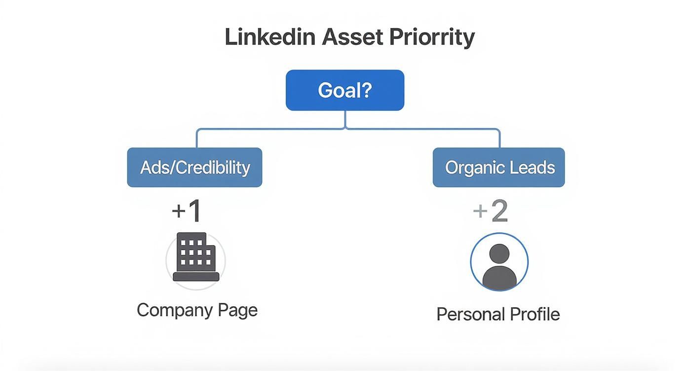 Flowchart illustrating LinkedIn asset priority based on marketing goals: Company Page for ads/credibility, Personal Profile for organic leads.