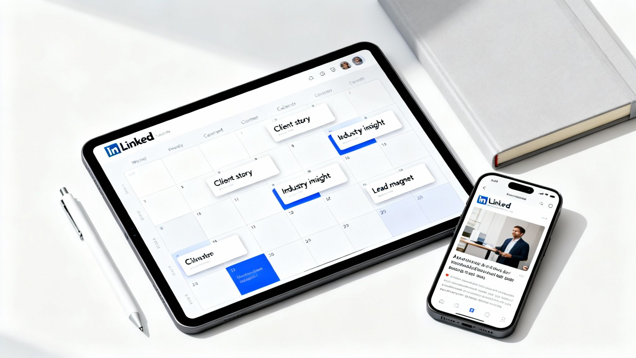 A flat lay showing a tablet with a LinkedIn content calendar and a smartphone displaying a LinkedIn feed, next to a pen and notebook.