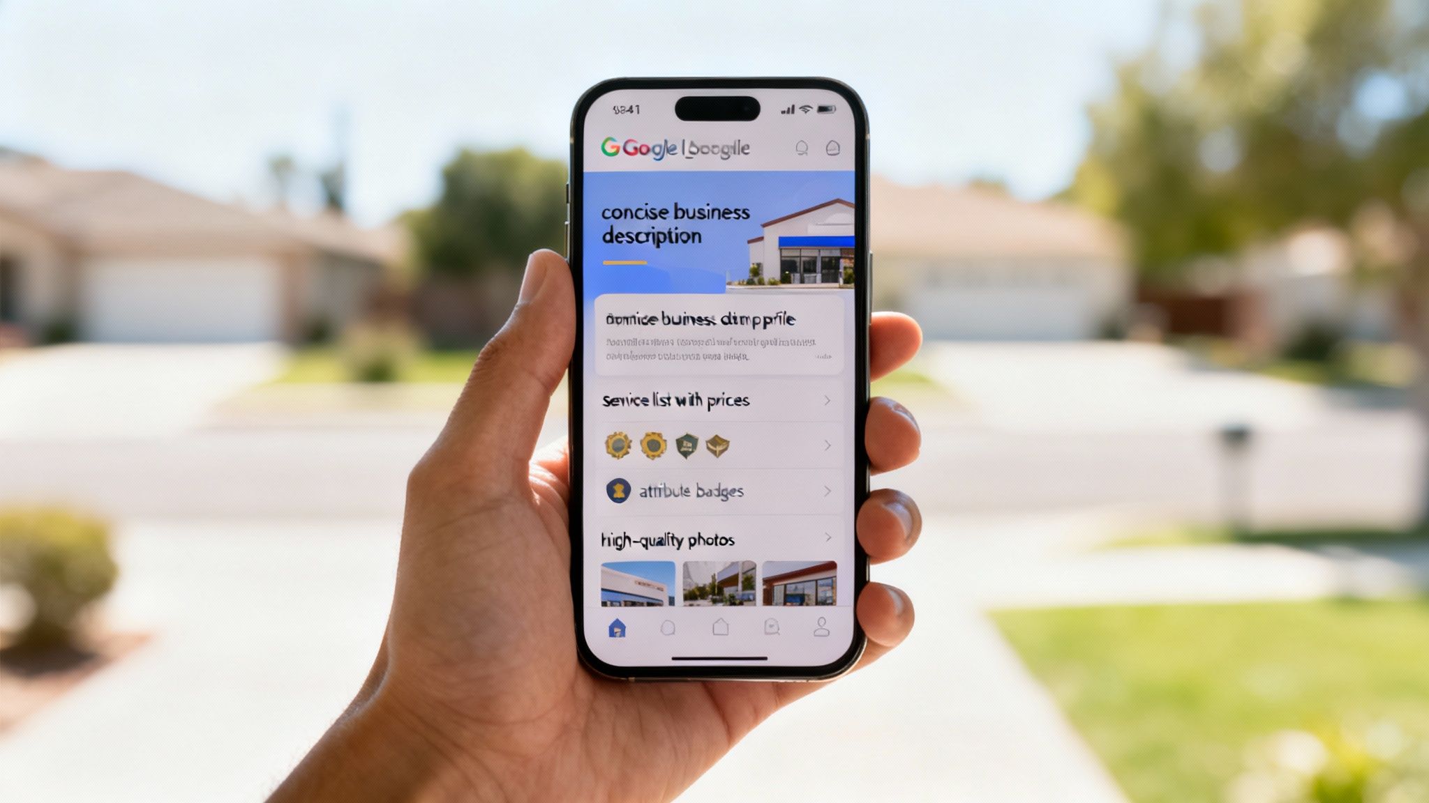 A hand holds a smartphone displaying a Google My Business profile app with various business features and images.