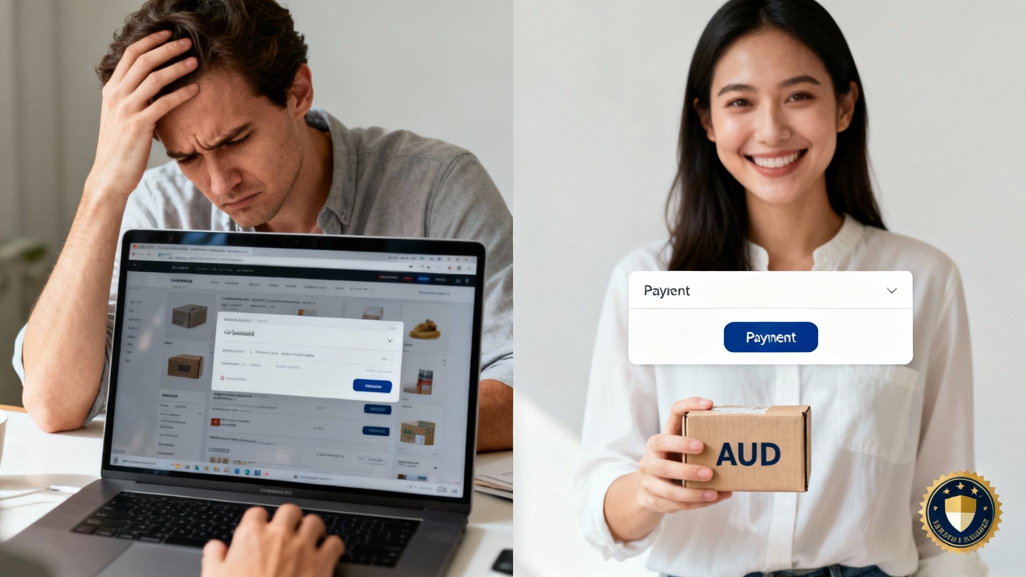 A frustrated man struggles with online payment, contrasted by a smiling woman holding an 'AUD' package.