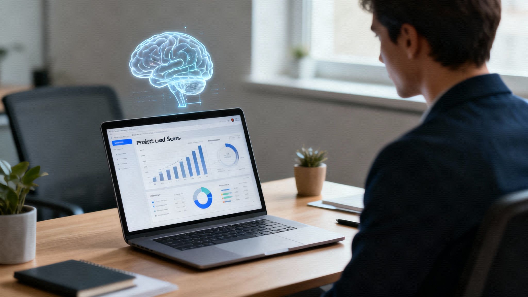 Businessman analyzes marketing data on a laptop with a glowing AI brain hologram in an office.