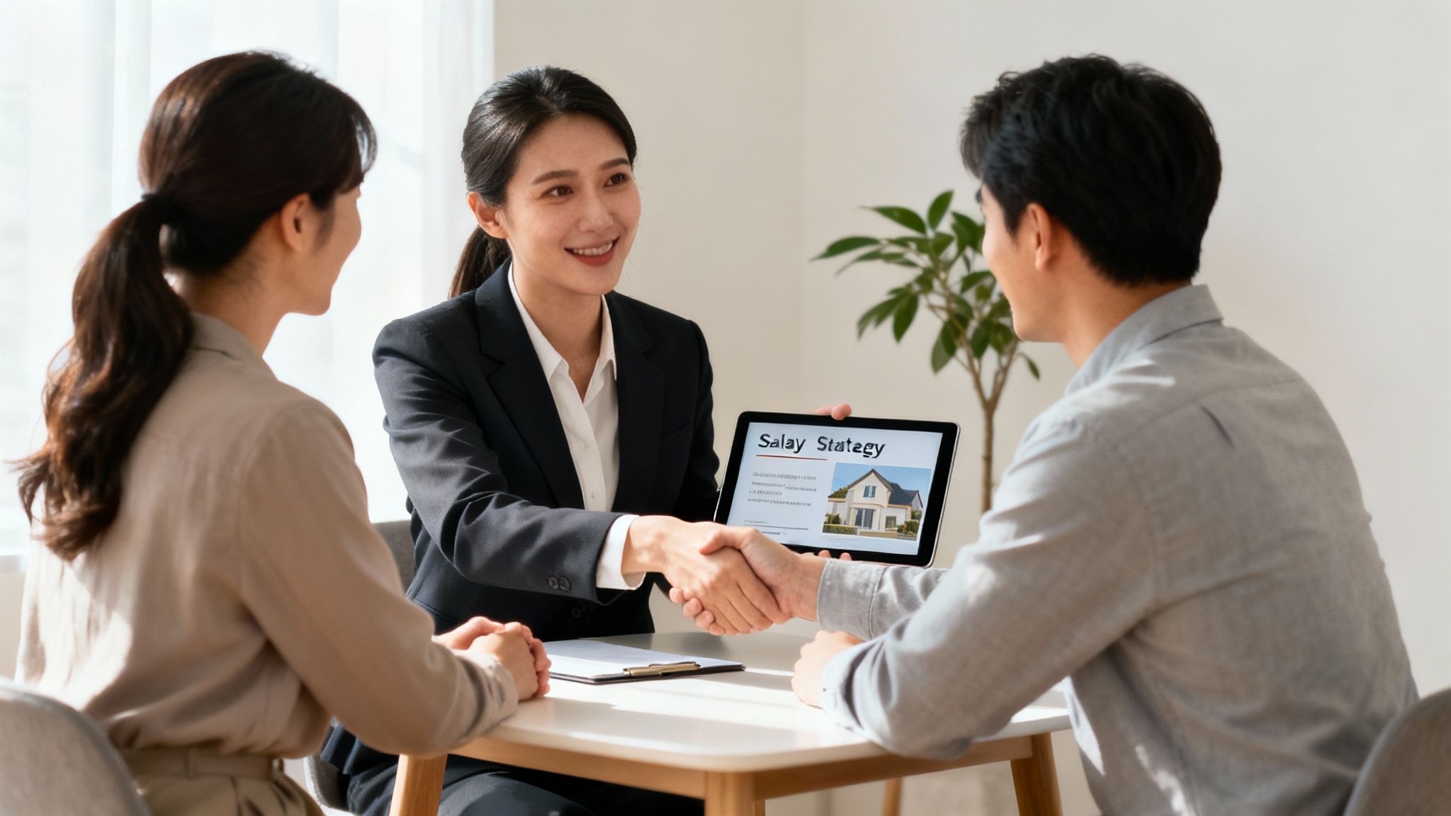 An agent shaking hands with a client during a successful listing presentation.