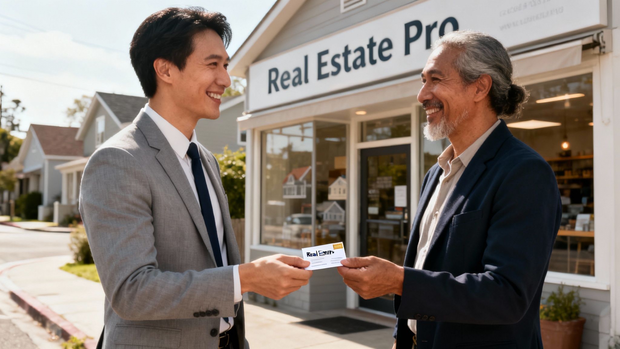 A young businessman and an older man exchanging business cards in front of a real estate office.