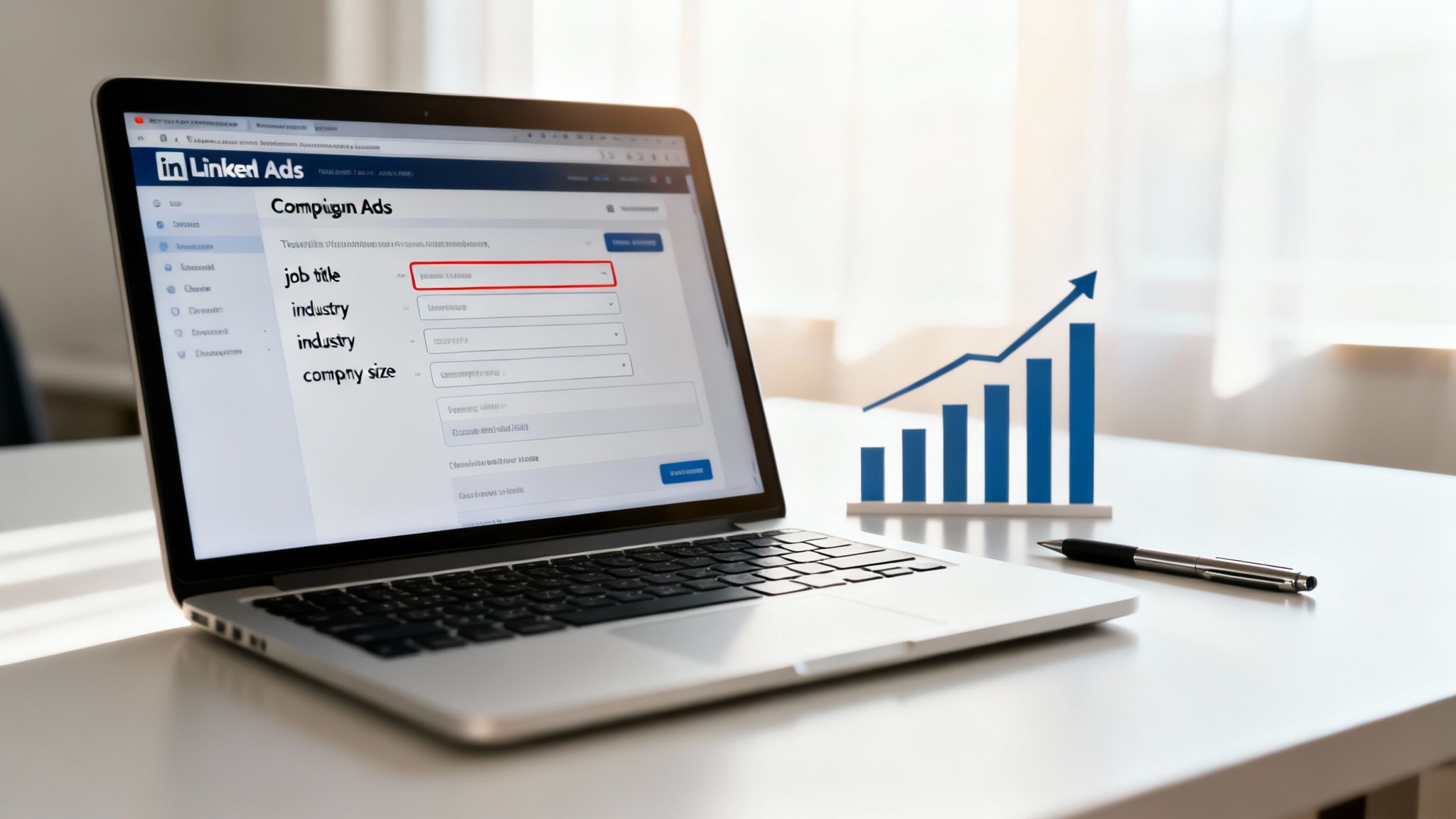 Laptop displaying LinkedIn Ads campaign settings with targeting options next to a growth chart.