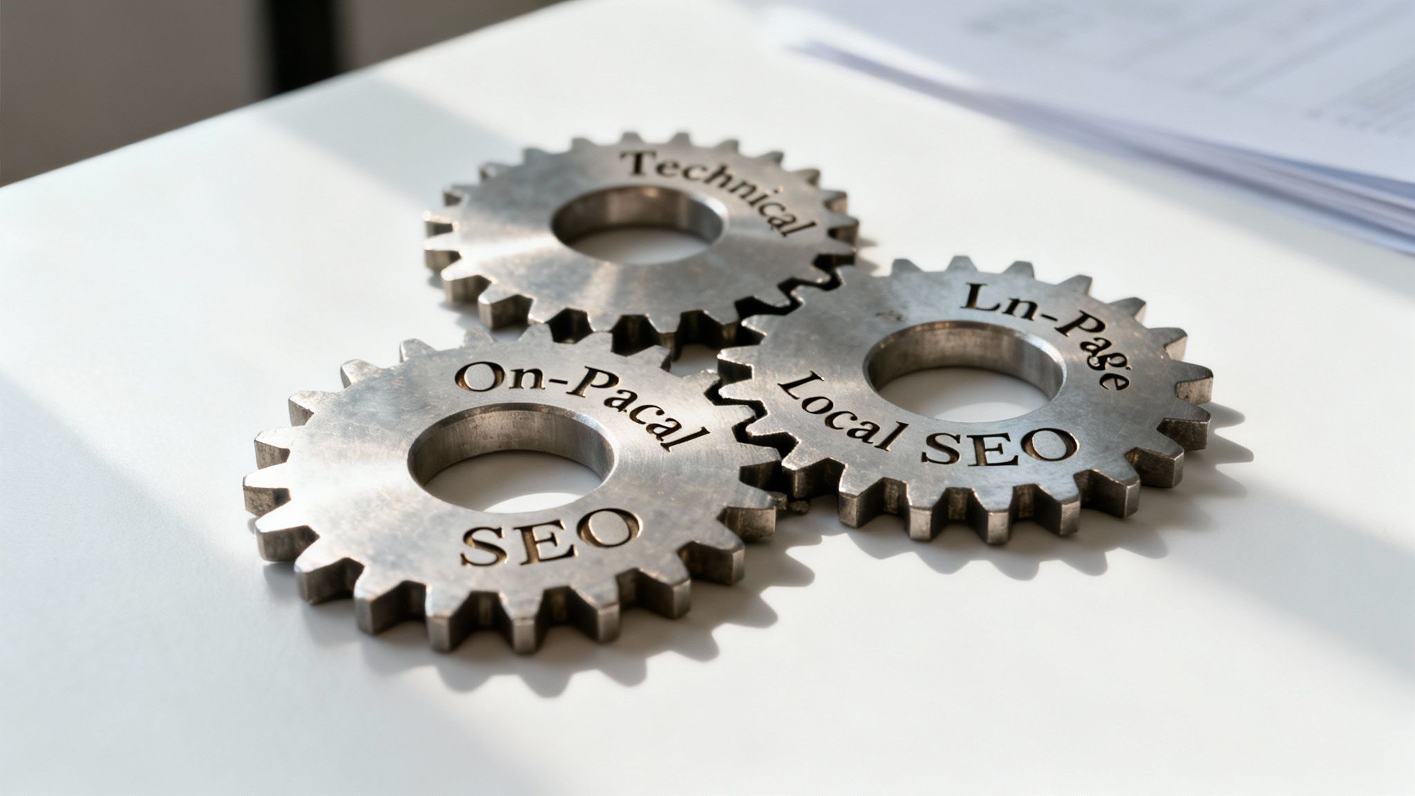 Three interlocking metal gears inscribed with 'Technical', 'On-Page', 'Local SEO', illustrating search engine optimization.