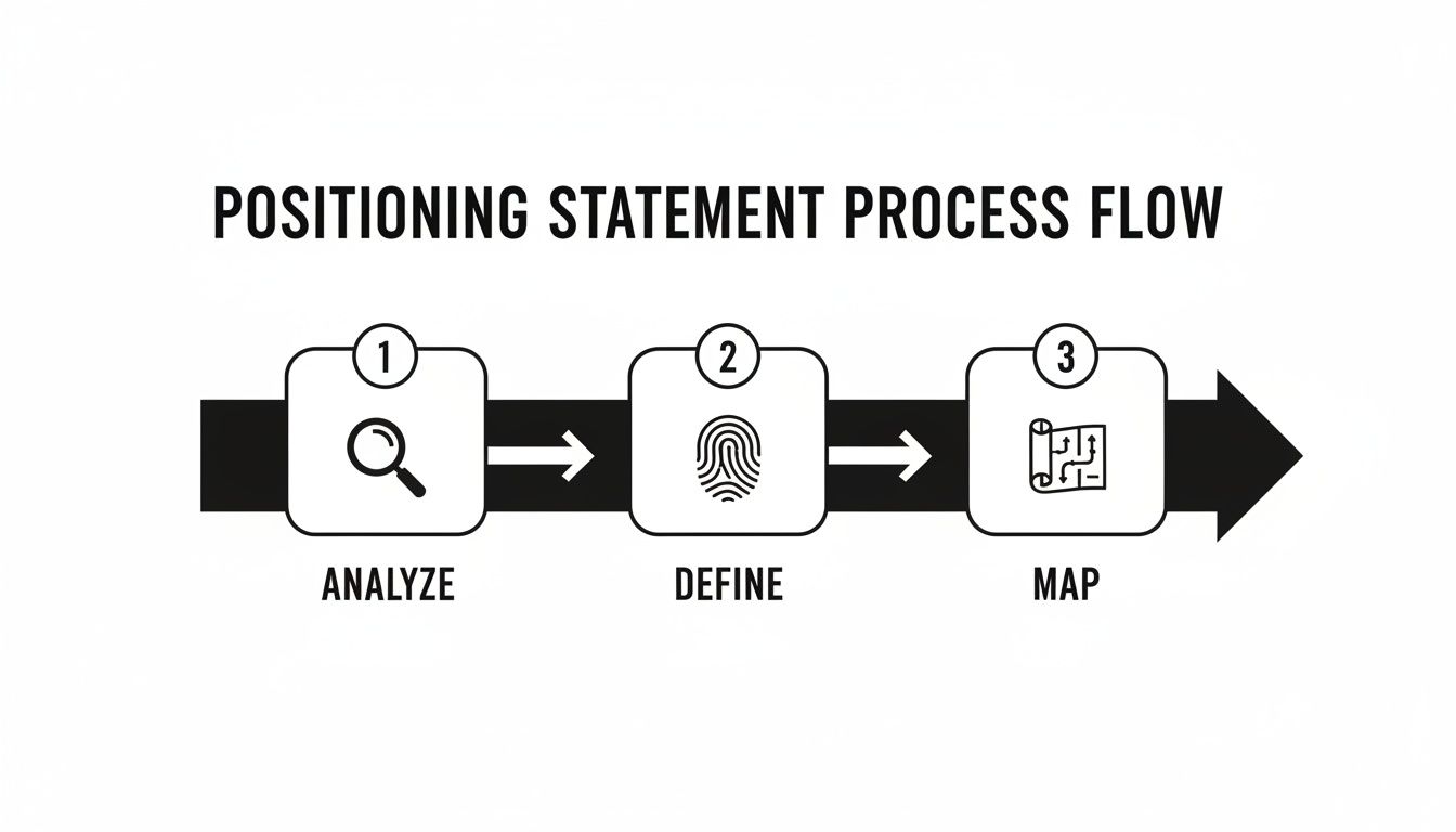 A process flow diagram illustrating the three steps for creating a positioning statement: Analyze, Define, Map.