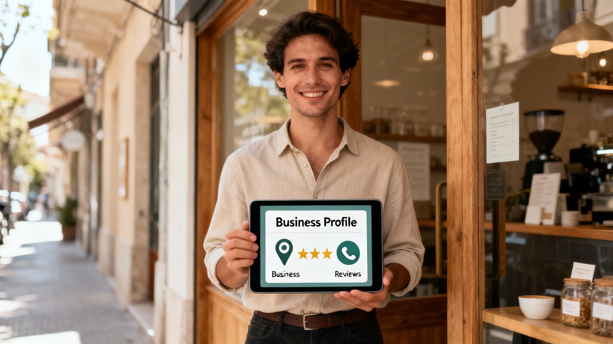 Smiling man holding a tablet displaying a 'Business Profile' with location, ratings, and reviews.