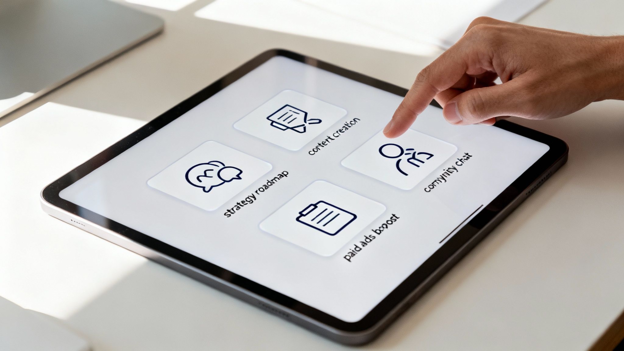 A hand interacts with a tablet displaying social media marketing service options like content creation and community chat.