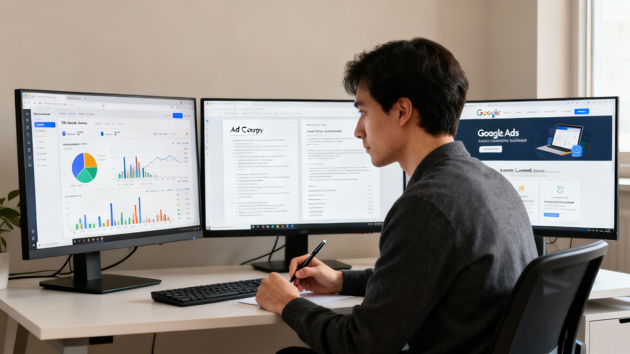 Young man working at a multi-monitor desk, managing Google Ads and analyzing performance data.