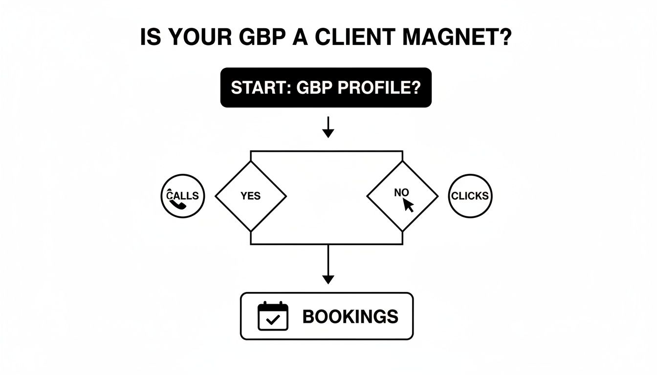 Flowchart showing if a Google Business Profile generates client calls, clicks, and bookings.