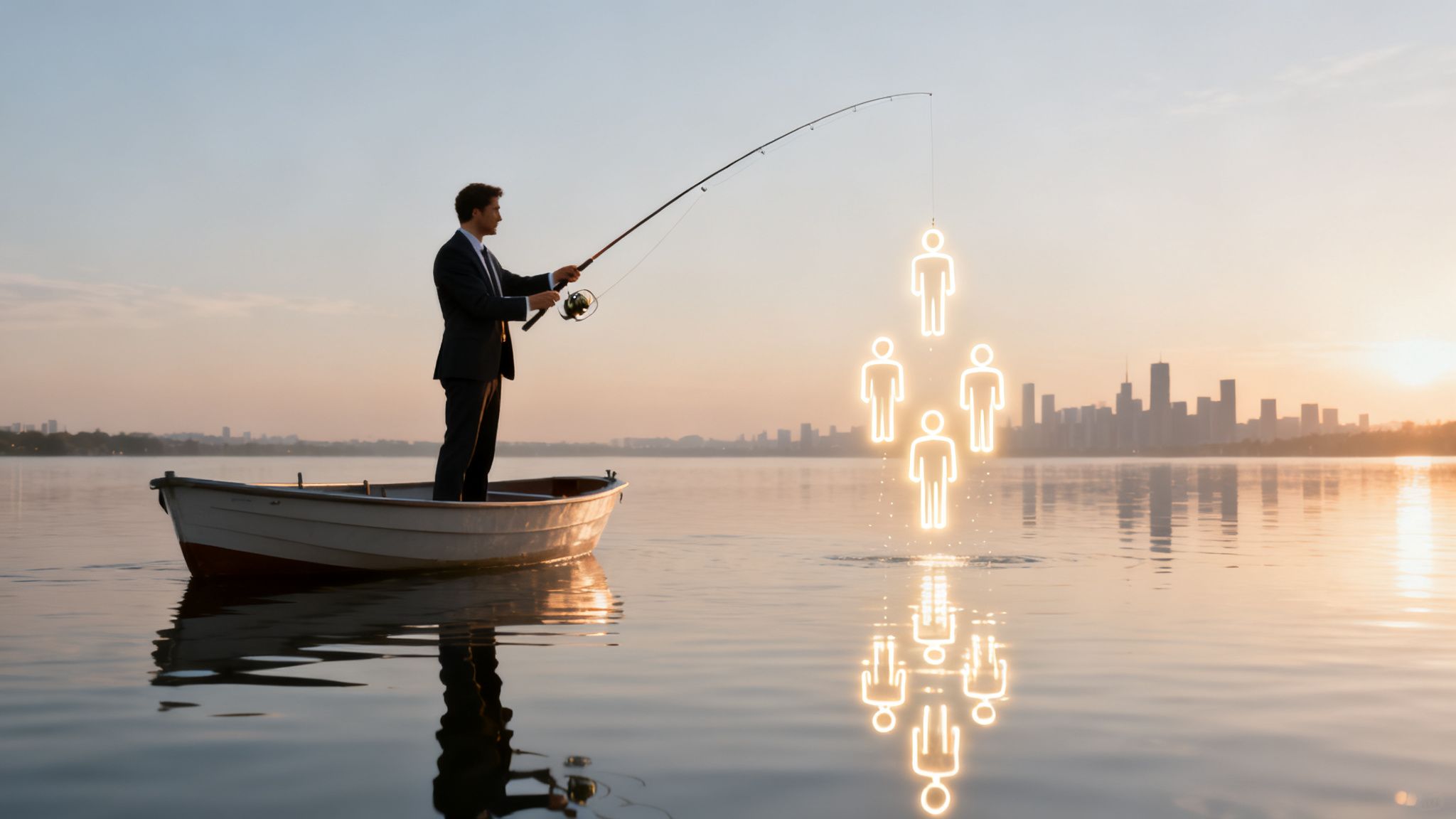A businessman fishes for glowing human figures from a boat on a calm lake with a city skyline at sunset.