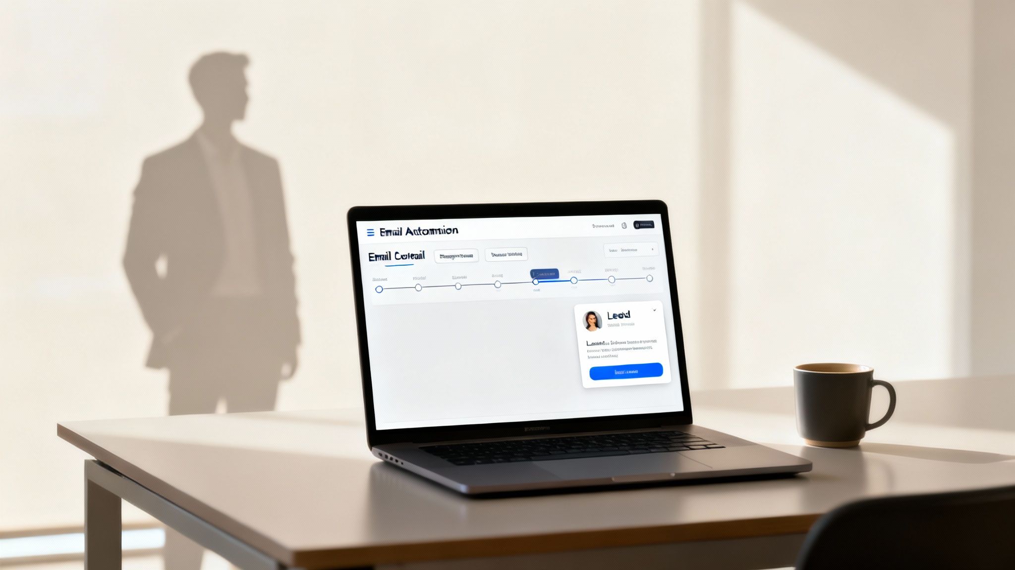 A laptop on a desk displaying email automation software, with a coffee mug and a man's shadow.