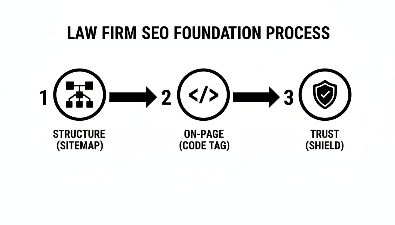 Diagram showing a 3-step law firm SEO foundation process: Structure (sitemap), On-Page (code tags), and Trust (shield).