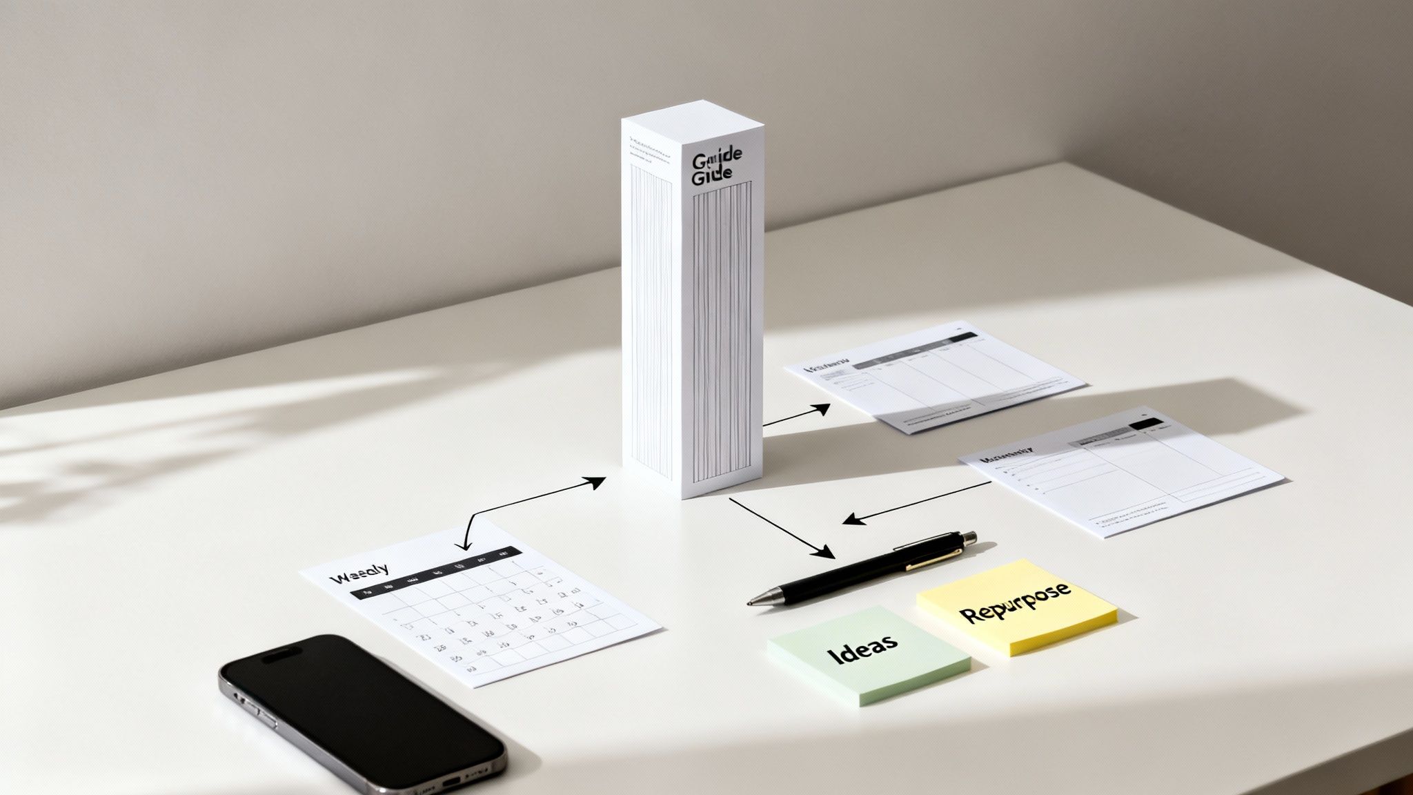 A productivity setup with a guide, planners, sticky notes for ideas, and a smartphone on a white desk.