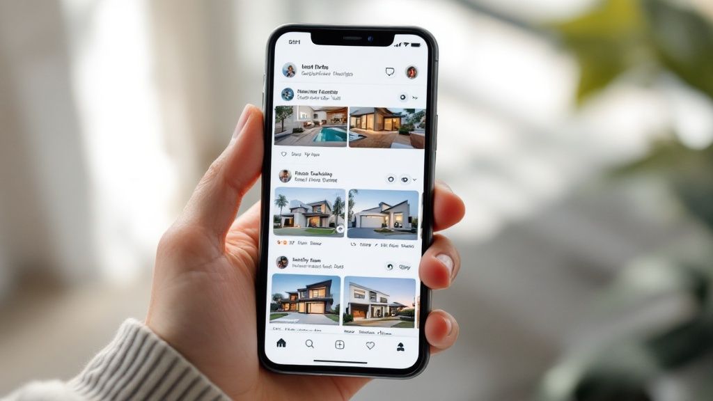 A person filming a modern house with a smartphone on a gimbal.