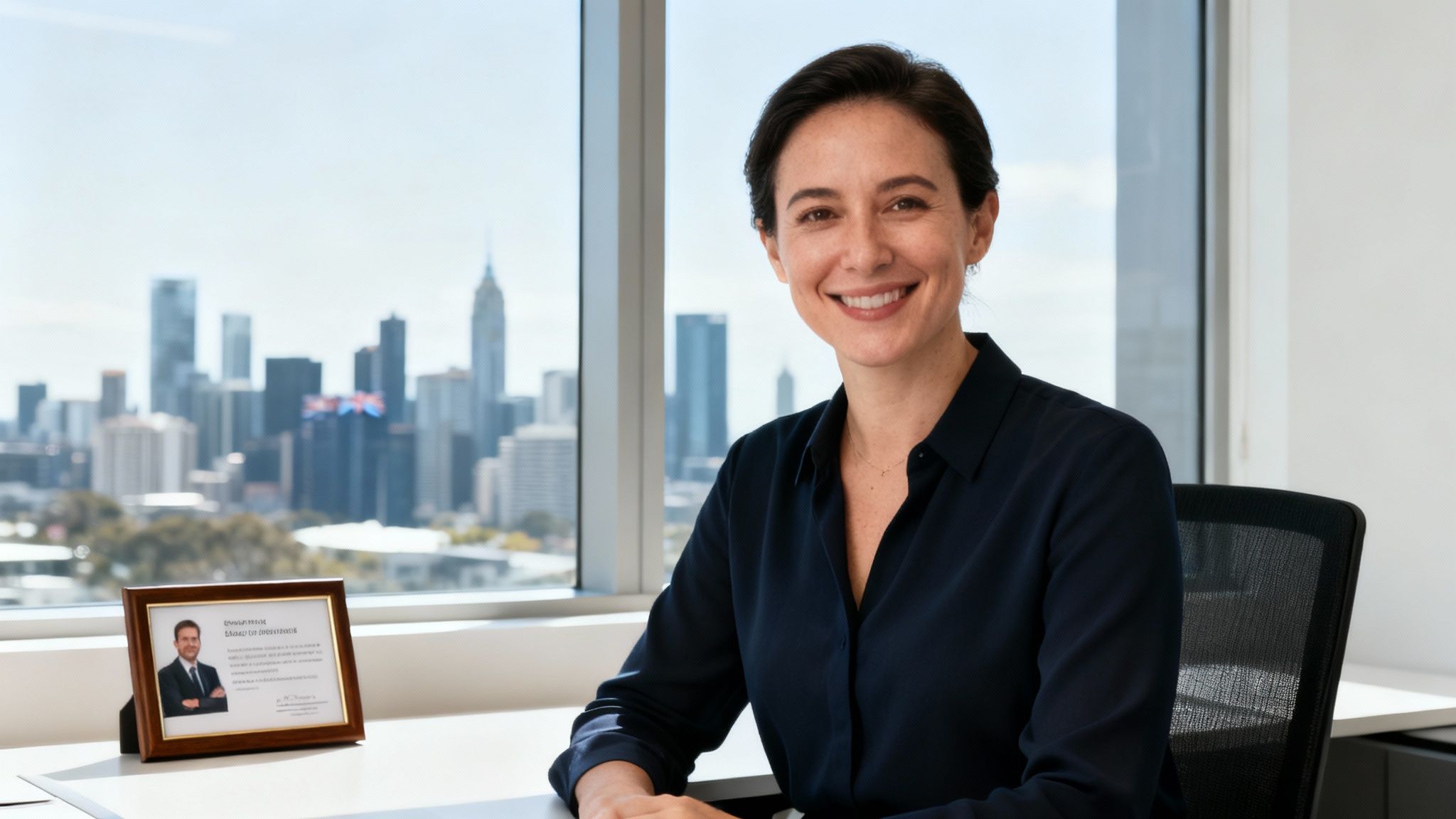A smiling professional woman in a navy shirt sits at her office desk with a city view.