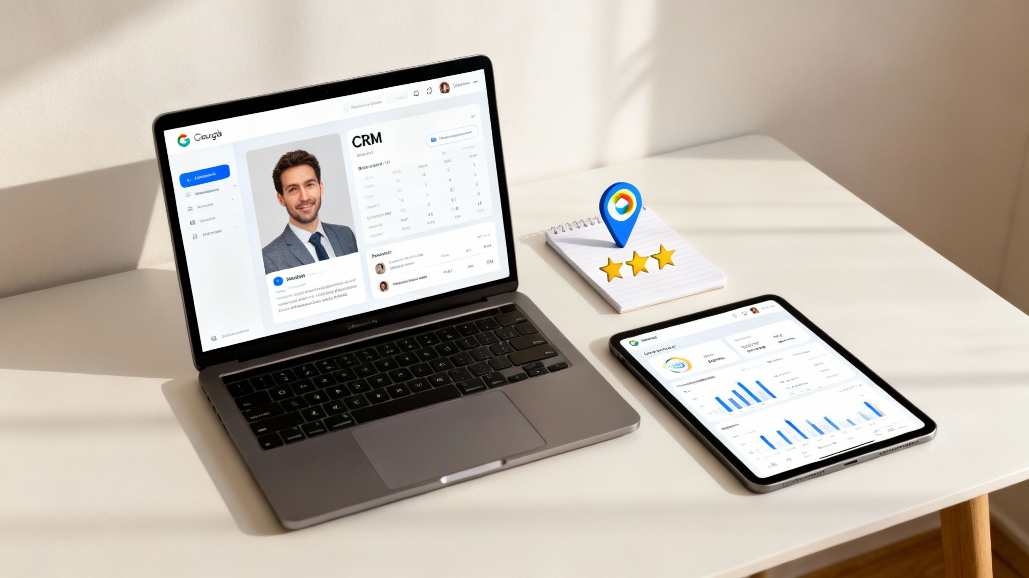 A modern desk setup with a laptop and tablet displaying business dashboards, a notebook, and a location pin with three stars.