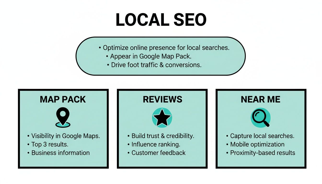 A diagram explaining local SEO benefits, map pack visibility, customer reviews, and near me searches.