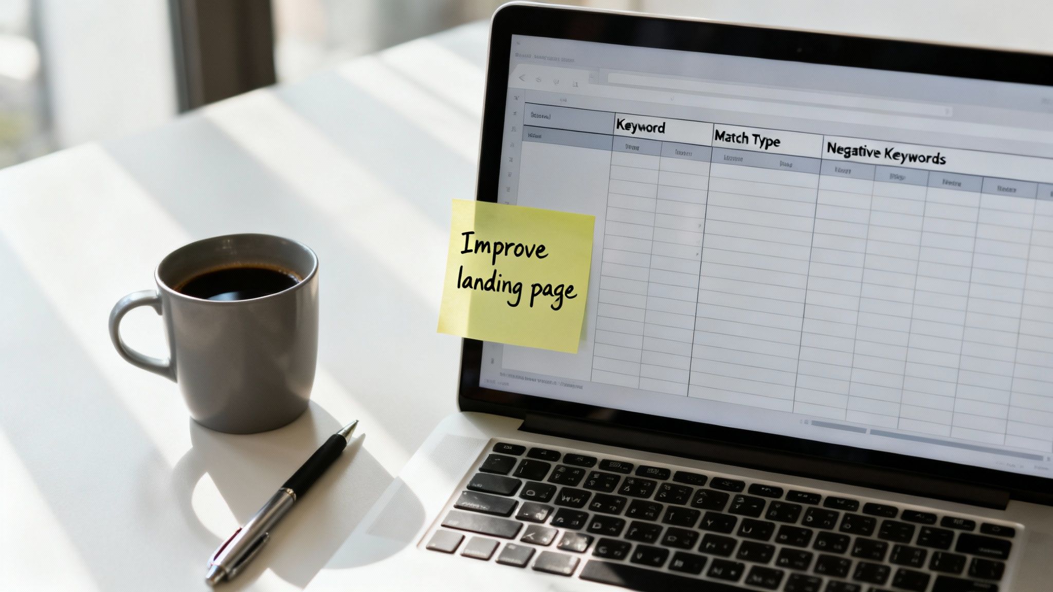 Workspace with a laptop displaying a keyword planning tool, a 'Improve landing page' sticky note, coffee, and a pen.