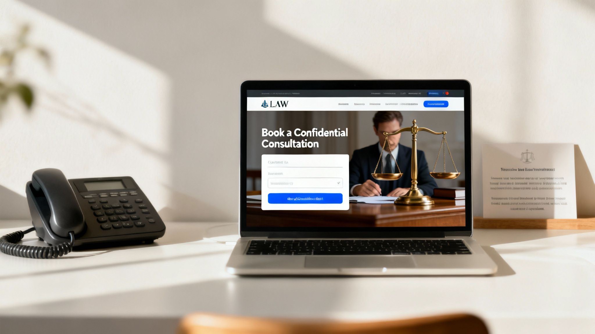 A lawyer sitting at a desk, looking thoughtful as they consider SEO questions for their firm.
