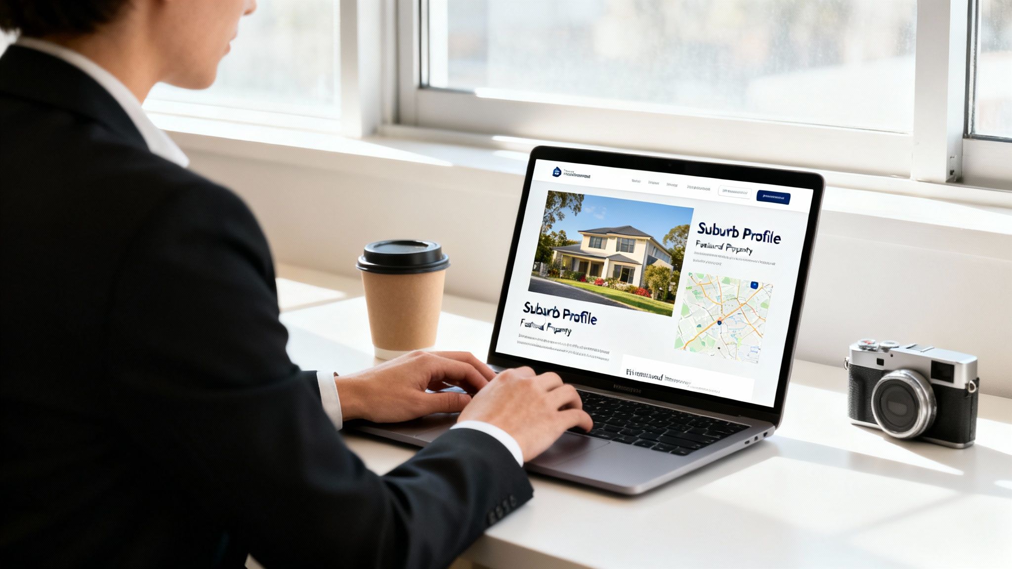 Professional person typing on a laptop displaying a real estate platform with a house and map.