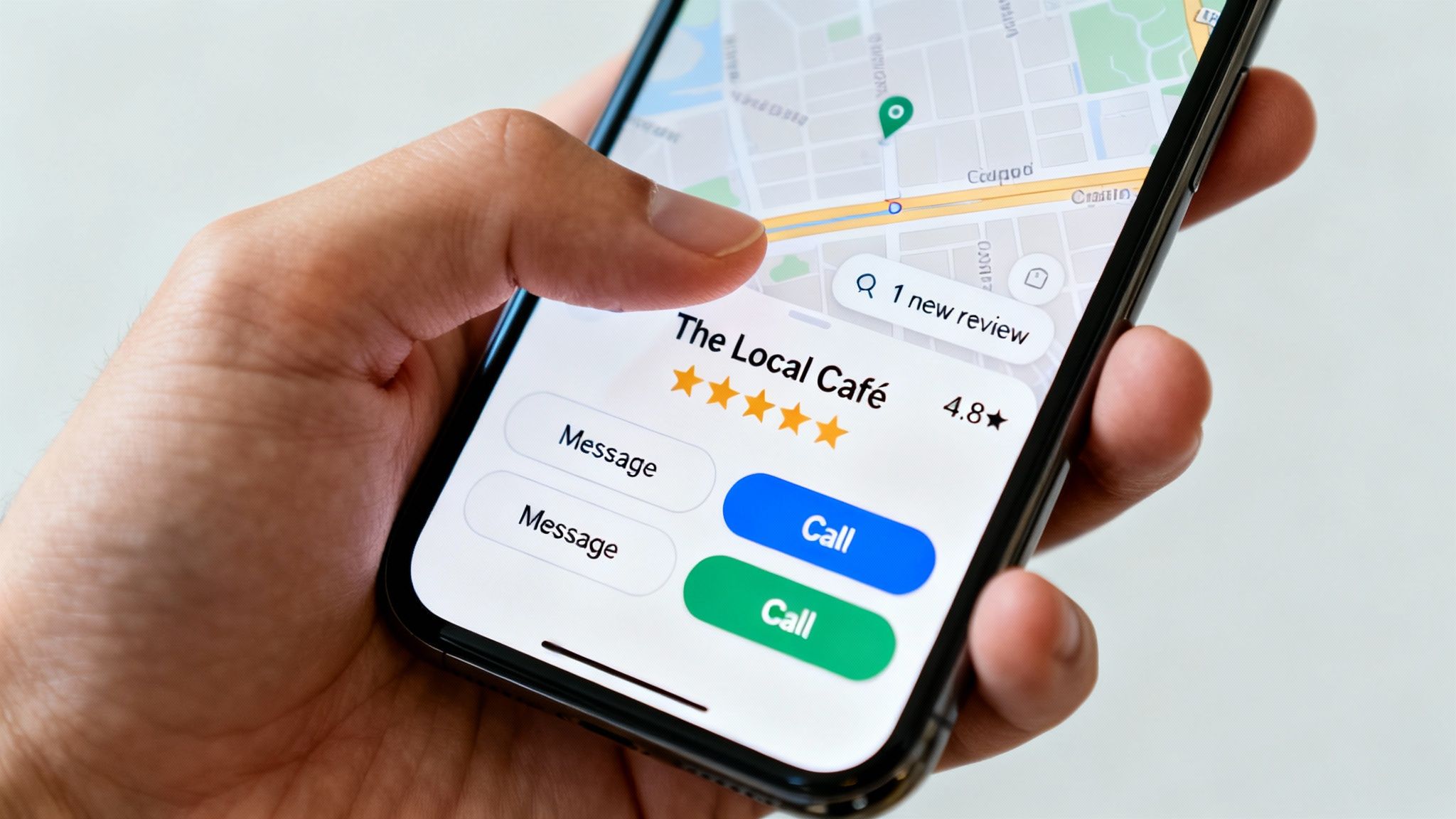 Hand holding a smartphone displaying a local café's business profile with map, 4.8-star rating, and call options.