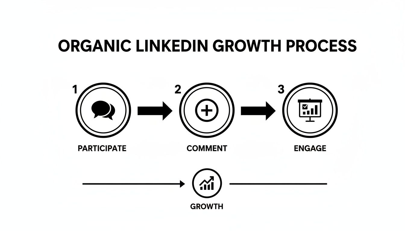 Diagram illustrating the organic LinkedIn growth process: Participate, Comment, Engage, leading to overall Growth.